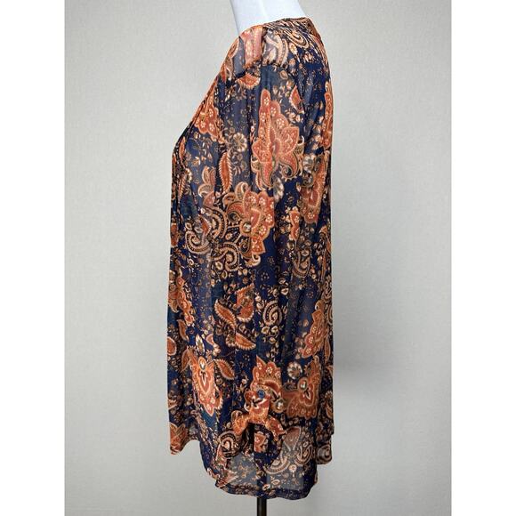 PerSeption Concepts XL Navy Blue Orange Button front V-neck Sheer Blouse Top - Picture 10 of 15